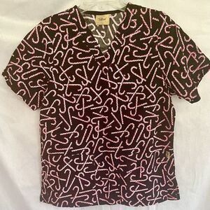 Tafford Womens Scrub Top Candy Canes Christmas Size Medium Black Holiday Stripes
